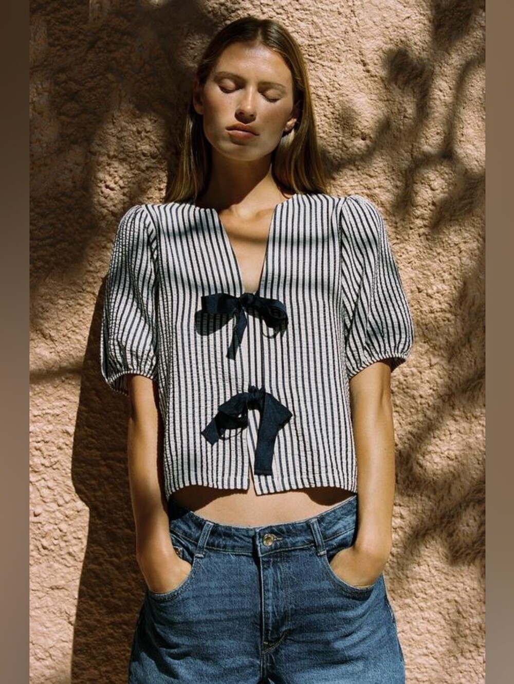 NWT Zara Tiefront Top, Navy/Cream, Size Small